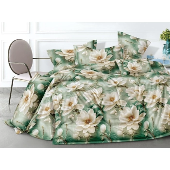 Pościel 200x220 Bawełna satynowa zielona w kwiaty PK699 z prześcieradłem